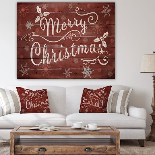 Designart Merry Christmas on Red Print on Natural Pine Wood
